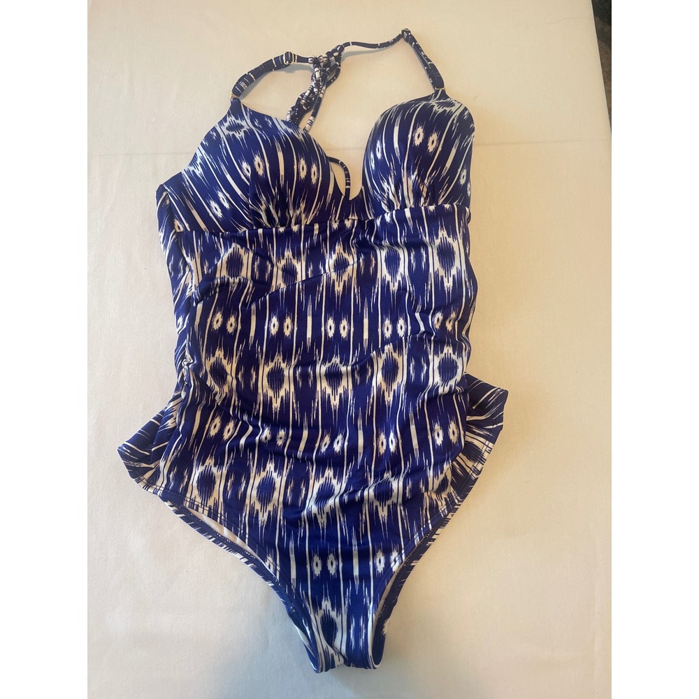 Athleta Womens Blue Ikat Print One Piece Swimsuit Ruched Lace Up Back Size M